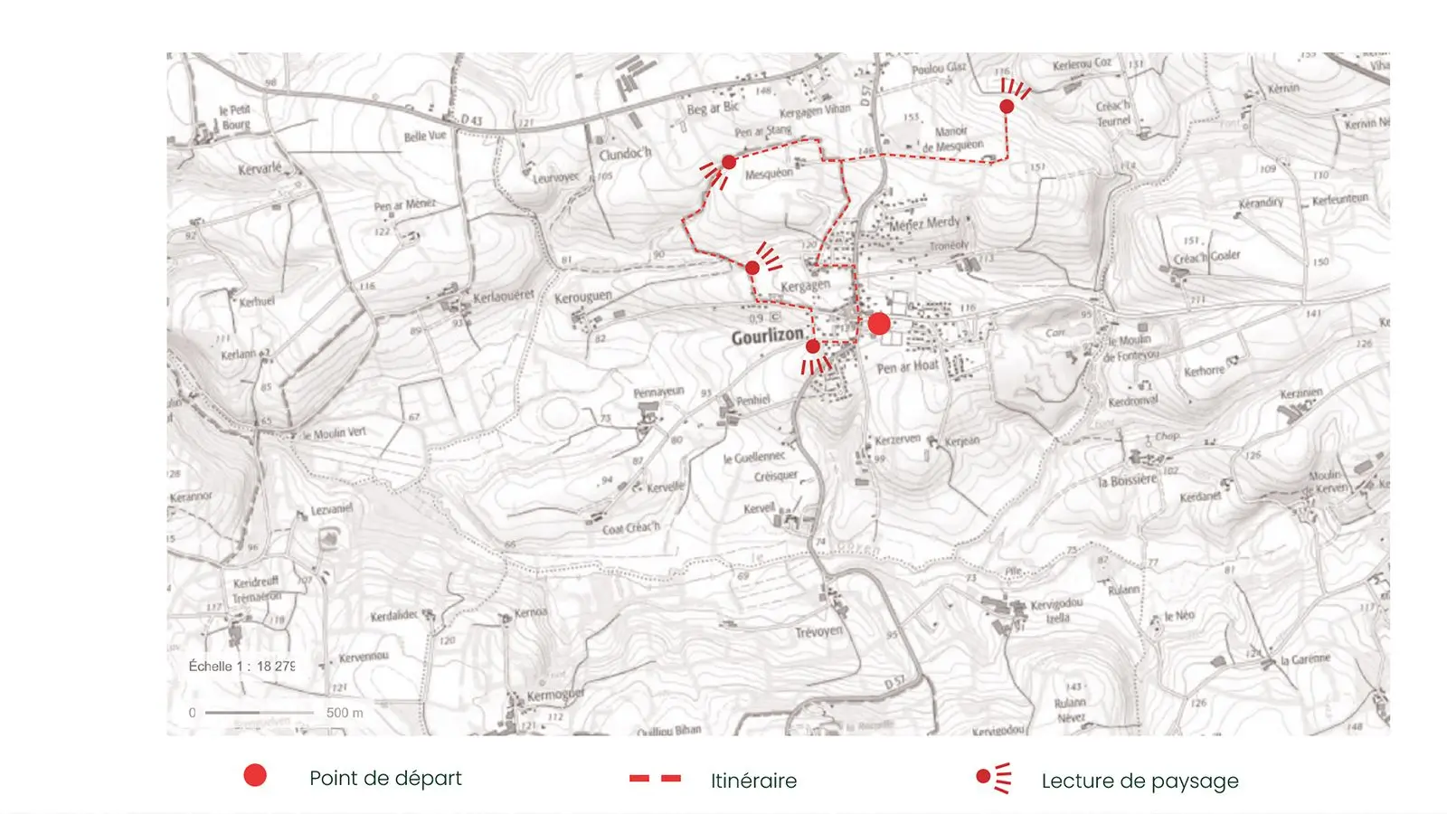 carte générale de l'itinéraire avec les points d'arrêt envisagés pour lire les paysages du bocage de Gourlizon